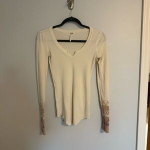 Free People Small Ivory Fitted Thermal Pale Pink Embroidered Cuffs Waffle Top